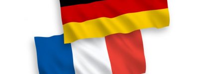 National vector fabric wave flags of France and Germany isolated on white background. 1 to 2 proportion.